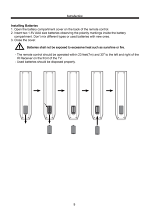 Page 119 Introduction
Installing Batteries
1. Open the battery compartment cover on the back of the remote control.
2. Insert two 1.5V AAA size batteries observing the polarity markings inside the battery 
    compartment. Don’t mix different types or used batteries with new ones.
3. Close the cover.
- The remote control should be operated within 23 feet(7m) and 300 to the left and right of the 
       IR Receiver on the front of the TV.
     - Used batteries should be disposed properly.
 