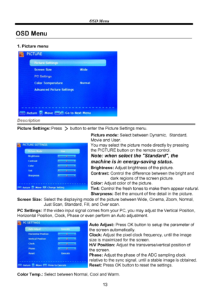 Page 15OSD Menu
13
1. Picture menu
Description
Picture mode: Select between Dynamic,  Standard, 
Movie and User.
You may select the picture mode directly by pressing 
the PICTURE button on the remote control. Picture Settings:Press       button to enter the Picture Settings menu.
Screen Size:Select the displaying mode of the picture between Wide, Cinema, Zoom, Normal,
Just Scan, Standard, Fill, and Over scan.
PC Settings: If the video input signal comes from your PC, you may adjust the Vertical Position,...