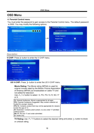 Page 20OSD Menu
18
4. Parental Control menu
OSD Menu
Description
V-CHIP:Press     button to enter the V-CHIP menu.
You must enter the password to gain access to the Parental Control menu. The default password
 is 0000. You may modify the following options:
TV Rating:Use             buttons to select the desired rating and press      button to block  Movie Rating: The Movie rating (MPAA) is used for 
original movies rated by the Motion Picture Association
of America (MPAA) as broadcasted on cable TV and 
not...