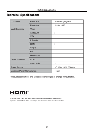 Page 2523
LCD  Panel
Input Connector
Output Connector
Power SourcePanel Size
Video
PC Audio39 inches (diagonal)
1
AC 100 - 240V, 50/60Hz
120W 12
3 1920 x 1080
1
1
1 Audio(L/R)
HDMI Resolution
VGA
YPbPr
RF
1
1 Headphone
COAX
1 Audio (L/R)
* Product specifications and appearance are subject to change without notice.
HDMI, the HDMI Logo, and High-Definition Multimedia Interface are trademarks or 
registered trademarks of HDMI Licensing LLC in the United States and other countries.
Maximum Power Consumption
R
 