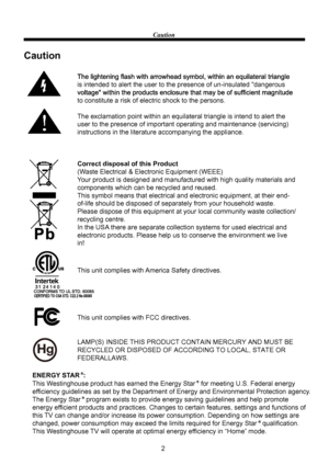 Page 42 Caution
Caution
is intended to alert the user to the presence of un-insulated "dangerous 
to constitute a risk of electric shock to the persons.
The exclamation point within an equilateral triangle is intend to alert the 
user to the presence of important operating and maintenance (servicing) 
instructions in the literature accompanying the appliance.
Correct disposal of this Product
(Waste Electrical & Electronic Equipment (WEEE)
Your product is designed and manufactured with high quality...