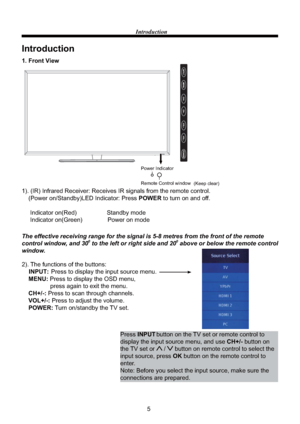 Page 75 Introduction
Introduction
1. Front View
1). (IR) Infrared Receiver: Receives IR signals from the remote control.
    (Power on/Standby)LED Indicator: Press POWER to turn on and off.
     Indicator on(Red)                  Standby mode
     Indicator on(Green)               Power on mode
2). The functions of the buttons:
INPUT: Press to display the input source menu.
    MENU: Press to display the OSD menu, 
                 press again to exit the menu.
CH+/-: Press to scan through channels....