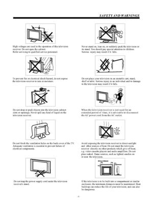 Page 4-3-                     
                                 
High voltages are used in the operation of this television 
receiver. Do not the cabinet.  
Refer servicing to qualified service personnel.open SAFETY AND WARNINGS                               
                                                     
                                                     
Do not block the ventilation holes on the back cover . 
Adequate ventilation is essential to prevent failure of                      
Do not trap...