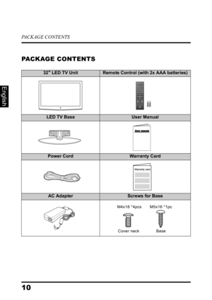 Page 14PACKAGE CONTENTS
10
English
PACKAGE CONTENTS
32” LED TV UnitRemote Control (with 2x AAA batteries)
LED TV BaseUser Manual
Power CordWarranty Card
AC AdapterScrews for Base
FavoriteMTSZZ
ZC.C.
TV Video1 HDMI1 YPbPr1
PC Video2 HDMI2 YPbPr2ENTDA
B
C
VolInput
Ch Enter
RMT-11
M4x18 *4pcs M5x16 *1pc
Cover neck Base 