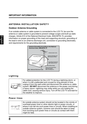 Page 12
IMPORTANT INFORMATION
8
English
ANTENNA INSTALLATION SAFETY
Outdoor Antenna Grounding
If an outside antenna or cable system is connected to the LCD TV, be sure the 
antenna or cable system is grounded to prevent voltage surges and built-up static 
charges. Article 810 of the National Elec trical Code, ANS/NFPA 70, provides 
information on proper grounding of the mast  and supporting structure, grounding of 
the lead-in wire to an antenna discharge unit, connection to grounding electrodes, 
and...
