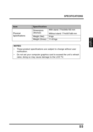 Page 59
SPECIFICATIONS
55
English
Physical 
Specifications
Dimensions 
(WxHxD)With stand: 774x549x193 mm
Without stand: 774x507x88 mm
Weight (Net)9 kgs
Weight (Gross)11.43 kgs
NOTES:
• These product specifications are  subject to change without user 
notification.
• Do not set your computer graphics  card to exceed the unit’s refresh 
rates; doing so may cause damage to the LCD TV.
ItemSpecification 