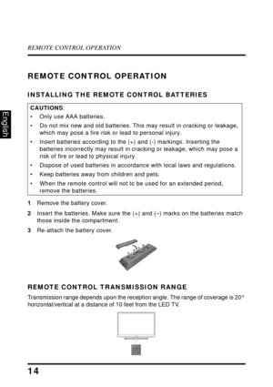 Page 19REMOTE CONTROL OPERATION
14
English
REMOTE CONTROL OPERATION
INSTALLING THE REMOTE CONTROL BATTERIES
1Remove the battery cover.
2Insert the batteries. Make sure the (+) and (–) marks on the batteries match 
those inside the compartment.
3Re-attach the battery cover.
REMOTE CONTROL TRANSMISSION RANGE
Transmission range depends upon the reception angle. The range of coverage is 20° 
horizontal/vertical at a distance of 10 feet from the LED TV.
CAUTIONS:
• Only use AAA batteries.
• Do not mix new and old...
