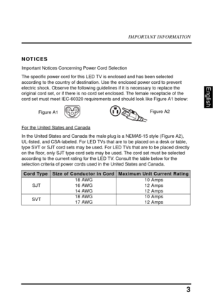 Page 8IMPORTANT INFORMATION
3
English
NOTICES
Important Notices Concerning Power Cord Selection
The specific power cord for this LED TV is enclosed and has been selected 
according to the country of destination. Use the enclosed power cord to prevent 
electric shock. Observe the following guidelines if it is necessary to replace the 
original cord set, or if there is no cord set enclosed. The female receptacle of the 
cord set must meet IEC-60320 requirements and should look like Figure A1 below:
For the...