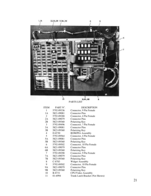 Page 2321PARTS LISTITEMPART No
.DESCRIPTION15792-09336Connector, 9 Pin Female1A5821-09081Connector Pins25792-09288Connector, 4 Pin Female2A5821-09079Connector Pins2B5823-09360Polarizing Key35792-09496Connector, 7 Pin Female3A5821-09081Connector Pins3B5823-09360Polarizing Key4D-8730ROM/PIA Assembly55792-09564Connector, 4 Pin Female5A5821-09081Connector Pins5B5823-09360Polarizing Key65792-09502Connector, 10 Pin Female6A5821-09079Connector Pins6B5823-09360Polarizing Key75792-09290Connector, 9 Pin...