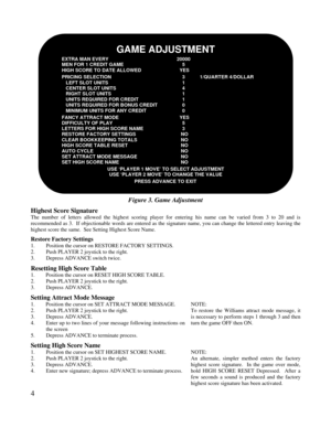 Page 64Figure 3. Game AdjustmentHighest Score SignatureThe number of letters allowed the highest scoring player for entering his name can be varied from 3 to 20 and isrecommended as 3.  If objectionable words are entered as the signature name, you can change the lettered entry leaving thehighest score the same.  See Setting Highest Score Name.Restore Factory Settings1.Position the cursor on RESTORE FACTORY SETTINGS.2.Push PLAYER 2 joystick to the right.3.Depress ADVANCE switch twice.Resetting High Score...