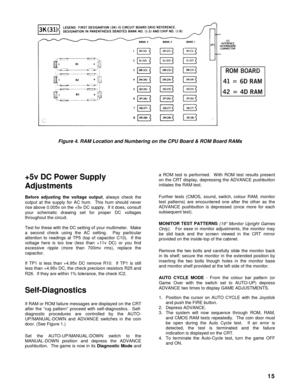 Page 1715
Figure 4. RAM Location and Numbering on the CPU Board & ROM Board RAMs
+5v DC Power Supply
Adjustments
Before adjusting the voltage output
, always check the
output at the supply for AC hum.  This hum should never
rise above 0.005v on the +5v DC supply.  If it does, consult
your schematic drawing set for proper DC voltages
throughout the circuit.
Test for these with the DC setting of your multimeter.  Make
a second check using the AC setting.  Pay particular
attention to readings at TP5 (top of...