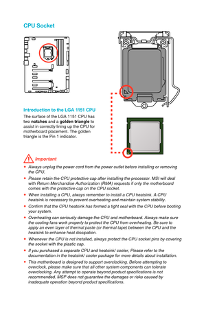 Page 26CPU Socket
Introduction to the LGA 1151 CPU
The surface of the LGA 1151 CPU has 
two notches and a golden triangle to 
assist in correctly lining up the CPU for 
motherboard placement. The golden 
triangle is the Pin 1 indicator.
 Important
●Always unplug the power cord from the power outlet before installing or \
removingthe CPU.
●Please retain the CPU protective cap after installing the processor. MSI\
 will deal with Return Merchandise Authorization (RMA) requests if only the mothe\
rboard
comes with...