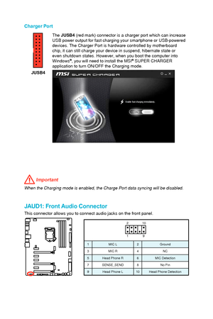 Page 37JAUD1: Front Audio Connector
This connector allows you to connect audio jacks on the front panel.
1 2 109
1 MIC L 2Ground
3 MIC R 4NC
5 Head Phone R 6 MIC Detection
7 SENSE_SEND 8 No Pin
9 Head Phone L 10 Head Phone Detection
Charger Port
The JUSB4  (red mark) connector is a charger port which can increase 
USB power output for fast charging your smartphone or USB-powered 
devices. The Charger Port is hardware controlled by motherboard 
chip, it can still charge your device in suspend, hibernate state or...