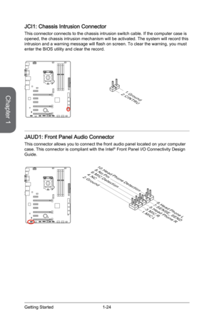 Page 38
Chapter 1
1-24Getting Started

JCI1: Chassis Intrusion Connector
This connector connects to the chassis intrusion switch cable. If the computer case is opened, the chassis intrusion mechanism will be activated. The system will record this intrusion and a warning message will flash on screen. To clear the warning, you must enter the BIOS utility and clear the record.
2.CINTRU
1.Ground
JAUD1: Front Panel Audio Connector
This connector allows you to connect the front audio panel located on your computer...