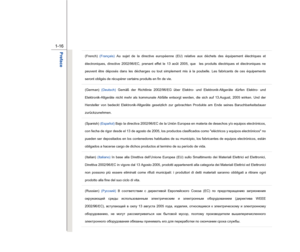 Page 16
 
1-16 
Preface  
(French)  (Français)  Au sujet de la directive européenne (EU) relative aux déchets des équipement électriques et 
électroniques, directive 2002/96/EC, prenant effet le 13 août  2005, que    les produits électriques et électroniques ne 
peuvent être déposés dans les décharges ou tout simplement mis à la poubelle. Les fabricants de ces équipements 
seront obligés de récupérer certains produits en fin de vie. (German)  (Deutsch) Gemäß der Richtlinie 2002/96/EG über Elektro- und...