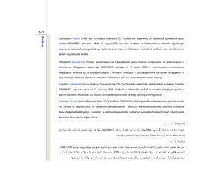 Page 21
 
1-21 
Preface  
(Norwegian)  (Norsk) Under den europeiske unionens (EU) direktiv  om deponering av elektronisk og elektrisk utstyr, 
direktiv 2002/96/EC, som trer i effekt 13. august 2005, kan ikke produkter av elektronisk og elektrisk ustyr lenger 
deponeres som husholdningsavfall og fabrikantene av disse produktene er forpliktet å ta tilbake slike produkter ved 
slutten av produktets levetid.  (Bulgarian) (българ ски )  Според  директивата  на  Европейския  съюз  относно  отпадъците  от...