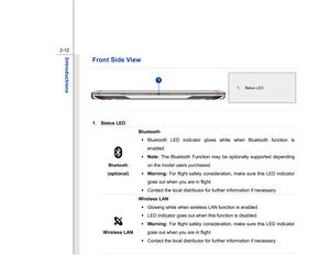 Page 34
 
2-12
Introductions  
Front Side View
    
 
 
     
1. Status LED 
 
Bluetooth 
(optional)
 
Bluetooth  Š   Bluetooth LED indicator glows white when Bluetooth function is 
enabled.  
Š   Note:  The Bluetooth Function may be optionally supported depending 
on the model users purchased.  
Š   Warning:  For flight safety consideration, make sure this LED indicator 
goes out when you are in flight.  
Š   Contact the local distributor for further information if necessary.  
 
Wireless LAN Wireless LAN 
 
Š...