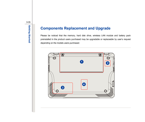 Page 77
 
3-35
Getting Started  
Components Replacement and Upgrade   Please be noticed that the memory, hard disk drive, wireless LAN module and battery pack 
preinstalled in the product users purchased may be upgradable or replaceable by user’s request 
depending on the models users purchased.         
 
 
 
 
 
 
 
 
 
 
 
 
 
 
 
 
 
 
2
4
3
1 