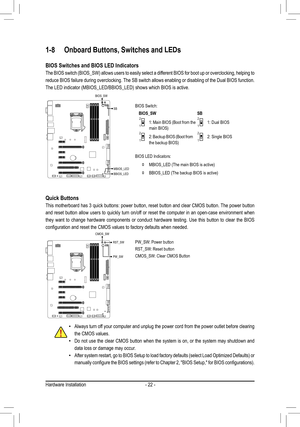 Page 22- 22 -
1-8	 Onboard	Buttons,	Switches	and	LEDs
BIOS Switches and BIOS LED Indicators
The	BIOS	 switch	 (BIOS_SW)	 allows	users	to	easily	 select	 a	different	 BIOS	for	boot	 up	or	overclocking,	 helping	to	
reduce BIOS failure during overclocking. The SB switch allows enabling or disabling of the Dual BIOS function. 
The	LED	indicator	(MBIOS_LED/BBIOS_LED)	shows	which	BIOS	is	active.
2:	 Backup	 BIOS	(Boot	from	the	backup	BIOS)2: Single BIOS
1:	Main	 BIOS	 (Boot	from	the	main	BIOS)1: Dual BIOS
BIOS...