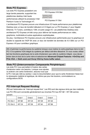 Page 27
Slots PCI Express : 
PCI Express X16 Slot 
PCI Express X1 Slot Les slots PCI Express possèdent une 
large bande passante, supportent les 
plateformes desktop Intel haute 
performances utilisant le processeur Intel 
Pentium 4 avec la Technologie HT.   
L’architecture PCI Express procure une infrastructure I/O haute performance pour plateformes 
Desktop avec un taux de transfert débutant à 2.5 Giga/s sur un PCI Express x1 pour Gigabit 
Ethernet, TV Tuners, contrôleurs 1394, et aut re usage I/O. Les...