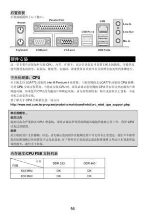 Page 62
后置面板 
后置面板提供了以下接口： 
 56 
Keyboard
USB Ports
Mouse
COM portVGA port
Parallel Port
Line In
Line Ou
Mic In
LAN
USB Ports
t
                
硬件安装 
这一章主要告诉您如何安装 CPU、内存、扩展卡，也会告诉您怎样设置主板上的跳线，并提供连
接外围设备的指导，如鼠标，键盘等。安装时 ，请谨慎拿各零部件并且按照安装说明的步骤进行。  
 
中央处理器：CPU 
本主板支持LGA775封装的Intel ® Pentium 4 处理器。主板使用的是 LGA775封装的CPU插槽，
可使 CPU 安装过程简化。当您在安装 CPU时，请务必确认您使用的 CPU带有防过热的散热片和
降温风扇。如果您的 CPU没有散热片和降温风扇，请与销售商联系，购买或索取以上设备，并在
开机之前妥善安装。 
要了解关于 CPU的最新信息，请访问
http://www.msi.com.tw/program/products/mainboard/mbd/pro_mbd_cpu_support.php...