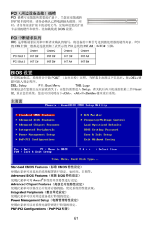 Page 67
PCI（周边设备连接）插槽 
当您在安装或拆PCI  插槽可安装您所需要的扩展卡。卸扩展卡的时候，请务必确认已将电源插头拔除。同
时，请仔细阅读扩展卡的说明文件，安装和设置此扩展
卡必须的硬件和软件，比如跳线或 BIOS设置。 
 
PCI中断请求队列  
断请求确认的缩写，将设备的中断信号送到微处理器的硬件列表。PCIIRQ 是中断请求队列和中
的IRQ 针脚一般都是连接到如下表所示的 PCI总线的 INT A# ~ INTD#  引脚： 
 Order1 Order2 Order3 Order4 
PCI Slot 1 INT B# INT C# INT D# INT A# 
PCI Slot 2 INT C# INT D# INT A# INT B# 
 
BIOS 
计算机加电后，系
设置
统将会开始 POST （加电自检）过程。当屏幕上出现以下信息时，按 键
11: Boot Menu    TAB: Logo 
出反 您 需要请关机后再开机或按机箱上的 Reset
即可进入设定程序。 
DEL: Setup    F
如果信息在您做 应前就消失了，而 仍 进入 Setup，
键,...