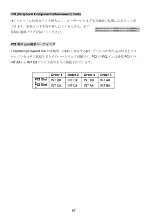 Page 93
PCI (Peripheral Component Interconnect) Slots ざまな機能の拡張に応えることが
できます。拡張カードを取り外したりするときは、必ず
PCI スロットに拡張カードを挿入して、ユーザーのさま
最初に電源プラグを抜いてください。 
 
PCI  割り込み要求ルーティング 
Q(interrupt request line の省略形、I-R-Qと発音する) は、デバイスが割り込み信号をマイ
ハードウェア回線です。 PCIのIRQ ピンは通常 PCIバス
INT A# からINT D# ピンに下表のように接続されています。 
Order 4 
IR
クロプロセッサに送信するための
   Order 1  Order 2  Order 3 
PCI Slot INT B#  INT C#  INT D#  INT A# 1PCI Slot INT C#  INT D#  INT A#  INT B# 2 
  87  