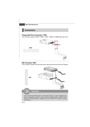 Page 26MS-7528 Mainboard
2-12Connectors
Floppy Disk Drive Connector: FDD1
This connector supports 360KB, 720KB, 1.2MB, 1.44MB or 2.88MB floppy disk drive.
FDD1IDE Connector: IDE1
This connector supports IDE hard disk drives, optical disk drives and other IDE devices.
IDE1Important
If you install two IDE devices on the same cable, you must configure the
drives separately to master / slave mode by setting jumpers. Refer to IDE
device’s documentation supplied by the vendors for jumper setting...