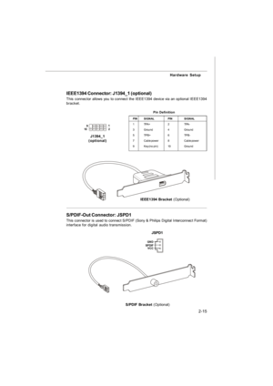 Page 292-15 Hardware Setup
IEEE1394 Connector: J1394_1 (optional)
This connector allows you to connect the IEEE1394 device via an optional IEEE1394
bracket.
Pin Definition
PINSIGNALPINSIGNAL
1TPA+2TPA-
3Ground4Ground
5TPB+6TPB-
7Cable power8Cable power
9Key (no pin)10GroundJ1394_1
(optional)
IEEE1394 Bracket (Optional)S/PDIF Bracket (Optional) S/PDIF-Out Connector: JSPD1
This connector is used to connect S/PDIF (Sony & Philips Digital Interconnect Format)
interface for digital audio transmission.
JSPD1     1...