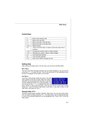 Page 383-3BIOS Setup
Getting Help
After entering the Setup menu, the first menu you will see is the Main Menu.
Main Menu
The main menu lists the setup functions you can make changes to. You can use the
arrow keys ( ­¯ ) to select the item. The on-line description of the highlighted setup
function is displayed at the bottom of the screen.
Sub-Menu
If you find a right pointer symbol (as shown in the right
view) appears to the left of certain fields that means a
sub-menu can be launched from this field. A...