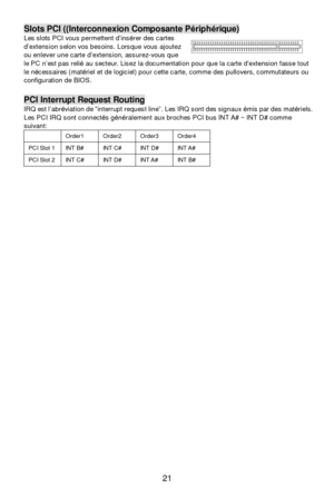 Page 27
 
21 Slots PCI ((Interconnexion Composante P
ériph érique) 
Les slots PCI vous permettent d ’ins érer des cartes 
d ’extension selon vos besoins. Lorsque vous ajoutez 
ou enlever une carte d ’extension, assurez-vous que 
le PC n ’est pas reli é au secteur. Lisez la documentation pour que la carte dextension fasse tout 
le n écessaires (mat ériel et de logiciel) pour cette carte, comme des pullovers, commutateurs ou 
configuration de BIOS. 
  PCI Interrupt Request Routing 
IRQ est l
’abr éviation de...