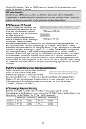 Page 39
 
33 
(Clear CMOS Jumper 
– Taster zur CMOS L öschung). Befolgen Sie die Anweisungen in der 
Grafik, um die Daten zu l öschen.  MSI weist darauf hin...  
Sie k
önnen den CMOS l öschen, indem Sie die Pins 1-2 verbinden, w ährend das System  ausgeschaltet ist. Kehren Sie danach zur Pinposition 2-3 zur
ück. L öschen Sie den CMOS nicht,  solange das System angeschaltet ist, dies w
ürde das Mainboard besch ädigen.   
PCI Express x16 Sockel 
Die PCI Express Slots verwenden eine 
serielle Anschlusstechnologie,...