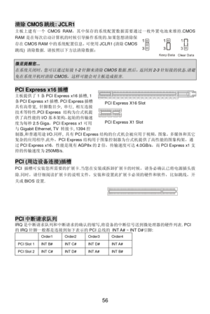 Page 62
 
56 
  清除
CMOS 跳线: JCLR1 
主板 上建 有一 个CMOS RAM ，其 中保存的 系统配 置数 据需 要通 过一枚外置 电池来 维持.CMOS 
RAM 是在 每次启 动计算 机的时候引 导操作 系统的.如果 您想 清除 保
存 在 CMOS RAM 中的 系统配 置信息， 可使用JCLR1 ( 清除CMOS
跳 线) 清除 数据. 请 按照以下 方法清除 数据 ： 
 微星提醒您
 ...  
在系统关闭时，您可以通过短接

1-2
针脚来清除
 CMOS
数据
 .
然后，返回到
 2-3
针短接的状态
 .
请避
免在系统开机时清除

CMOS
，这样可能会对主板造成损害
 . 
 
PCI Express x16
插槽 
主板提供了 1条 PCI Express x16 插槽, 1
条 PCI Express x1 插槽. PCI Express 插槽
具 有高带 宽, 针 脚 数目 少, 串 行, 相 互 连接
技术 等特 性.PCI Express  结构为台 式机提
供了高性能的 I/O基本架构， 起始的 传输速
度 为每秒 2.5 Giga ，PCI...