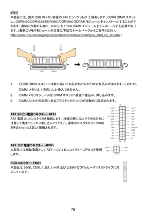 Page 82
 
76 メモリ
 
本製品 には、最 大2GB のメモ リ容 量の 240 ピンソ ケットが  2個あります。 DDRII DIMM スロット
上、 DDRII400/DDRII533/DDRII667/DDRII800 SDRAM モジュールをインストールすることがで
きます。 適切に作動 する為に、 少なくと も1つ の DIMM モジュールをインストールする 必要があり
ます。 (最新の メモリモ ジュール対応表は下記のホームページ からご参考 ください。  
http://www.msi.com.tw/program/products/mainboard/mbd/pro_mbd_trp_list.php  ) 
 
 
 
1. DDRII DIMM スロットには絵に描 いてあるような VOLTの切れ 込み があります。このため、
DIMM  メモリは 1方 向 にし か挿入できま せん。 
2. DIMM メモリモ ジュールを DIMMスロットに 垂直に差込 み、押 し込 み ます。  
3. DIMM スロットの両側にあるプ ラスチッククリップが 自動的に固 定されます。...