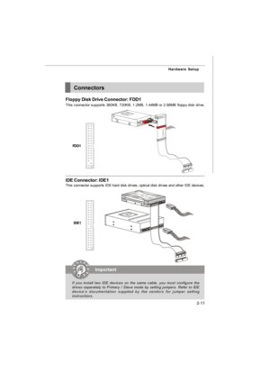 Page 262-11 Hardware SetupConnectors
Floppy Disk Drive Connector: FDD1
This connector supports 360KB, 720KB, 1.2MB, 1.44MB or 2.88MB floppy disk drive.
FDD1IDE Connector: IDE1
This connector supports IDE hard disk drives, optical disk drives and other IDE devices.
IDE1Important
If you install two IDE devices on the same cable, you must configure the
drives separately to Primary / Slave mode by setting jumpers. Refer to IDE
device’s documentation supplied by the vendors for jumper setting...