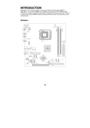 Page 19 
13 INTRODUCTION 
Félicitations, vous venez d’acquérir une carte mère Micro-ATX des séries PM9M-V 
(MS-7364 v1.x). Les séries PM9M-V sont basées sur les chipsets VIA®
 P4M900 & VIA®
 
VT8237A pour obtenir un système ultra puissant. Destinées aux processeurs Intel®
 Pentium 
4/ Prescott, les séries PM9M-V offrent de hautes performances tant aux particuliers qu’aux 
professionnels.  
 
Schéma : 
 
 BATT+BIOSTop : mouse 
Bottom:
keyboard
Top: LAN Jack
Bottom: USB ports T:
Line-Out
B:MicLine-In
M: 
 COM1...