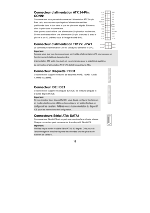 Page 24 
18 Connecteur d’alimentation ATX 24-Pin: 
CONN1 
Ce connecteur vous permet de connecter l’alimentation ATX 24-pin. 
Pour cela, assurez-vous que la prise d’alimentation est bien 
positionnée dans le bon sens et que les pins sont alignés. Enfoncez 
alors la prise dans le connecteur.  
Vous pouvez aussi utiliser une alimentation 20-pin selon vos besoins. 
Si vous souhaitez utiliser une alimentation 20-pin, branchez là avec le 
pin1 et le pin 13. (référez-vous à l’image du côté droit). GNDGNDGNDPS-ON#GND...