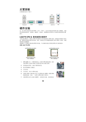 Page 58 
 
52 后置面板 
后置面板包括以下接口: 
  Keyboard COM1 VGA Port USB Port LAN
 Line-in
 Line-out
 Mic
 
硬件安装 
这一章主要告诉您如何安装CPU，内存，扩展卡，也会告诉您怎样设置主板上的跳线，并提
供外围设备的指导，如鼠标，键盘等。安装时，请谨慎拿各零部件并且按照安装说明的步骤
进行。 
LGA775 CPU & 散热装置安装程序 
当您安装CPU时，请确认CPU带有散热片和风扇放置在CPU顶部。如果您没有散热片和风
扇，请联系经销商以购买和安装。同时，请别忘记在安装散热装置之前在CPU上涂抹一些散
热硅胶以加强散热。  
请根据以下步骤来正确安装CPU和风扇，不正确的安装会导致您CPU和主板的损坏。 
安装 LGA 775 CPU 
 
LG775 CPU的针脚面    LG775 CPU的表面.  
 
1. CPU插槽上有一个塑料保护盖，以保护CPU避免受损。您在
安装CPU之前请不要取下此保护盖以防止触点受损。 
2. 沿着底座压杆的一边取下塑料保护盖。  
3. 您会看到插座上的触点。 
4. 开启钉钩。 
5....