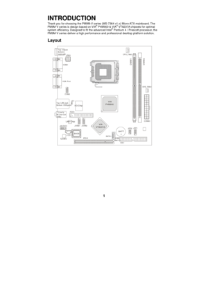 Page 7 
1 INTRODUCTION 
Thank you for choosing the PM9M-V series (MS-7364 v1.x) Micro-ATX mainboard. The 
PM9M-V series is design based on VIA®
 P4M900 & VIA®
 VT8237A chipsets for optimal 
system efficiency. Designed to fit the advanced Intel®
 Pentium 4 / Prescott processor, the 
PM9M-V series deliver a high performance and professional desktop platform solution. 
Layout 
 BATT+BIOSTop : mouse 
Bottom:
keyboard
Top: LAN Jack
Bottom: USB ports T:
Line-Out
B:MicLine-In
M: 
 COM1 
 VGA  Port 
 COM2 FDD1
 IDE1...