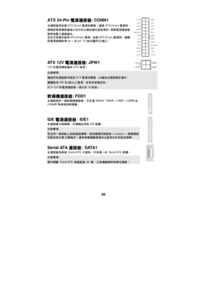 Page 72 
66 ATX 24-Pin電源連接器: CONN1 
本連接器用來接ATX 24-pin電源供應器。連接ATX 24-pin電源時，
請確認電源連接器插入的方向正確且腳位是對準的，再將電源連接器
緊密㆞壓入連接器內。  
您亦可依需求使用ATX 20-pin電源。安裝ATX 20-pin電源時，請確
認電源插頭對準pin 1及pin 13 (如㊨圖所示)插入。 GNDGNDGNDPS-ON#GND
+3.3V -12V
+3.3V +3.3V
+3.3V+5V +5V+5V
+5V
+5V
ResPWR OKGND
GND GND GND 5VSB+12V +12V ATX 12V電源連接器: JPW1 
12V的電源連接器供CPU使用。 GNDGND+12V +12V ㊟意事㊠: 確認所㈲連接器均接到ATX電源供應器，以確保主機板穩定運作。 建議使用350瓦(或以㆖)電源，㈲助系統穩定性。 ATX 12V的電源連接器，須大於18安培。 
軟碟機連接器: FDD1 
主機板提供㆒個軟碟機連接器，可支援360KB, 720KB, 1.2MB, 1.44MB及
2.88MB等規格的軟碟機。...