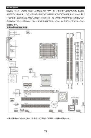 Page 79 
73 Introduction 
K9VGM -Vシリーズ(MS-7253 v1.x) Micro-ATX マザーボードをお買い上げいただき、まことに
ありがとうございます。 このマザーボードはVIA®
 K8M890 & VIA®
 VT8237Aチップセットに基づ
いています。Socket AM2 AMD®
 Athlon 64 / Athlon 64 X2 プロセッサのデザインに準拠してい
るK9VGM -Vシリーズはハイパフォーマンスおよびプロフェッショナル‧デスクトップ‧ソリューション
を提供します。 マザーボードのレイアウト 
 
※図は開発中のボードであり、改良のため予告なく変更される場合があります。  
  