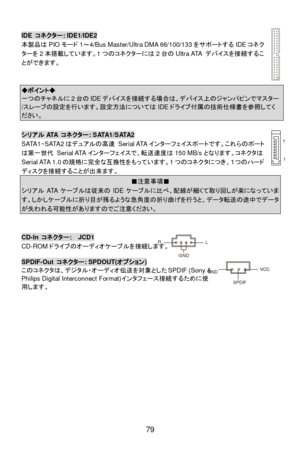 Page 85 
79  IDE コネクター: IDE1/IDE2 
本製品はPIOモード1～4/Bus Master/Ultra DMA 66/100/133をサポートするIDEコネク
ターを2本搭載しています。1つのコネクターには2台のUltra ATA デバイスを接続するこ
とができます。  
 
  ◆ポイント◆ 一つのチャネルに2台のIDEデバイスを接続する場合は、デバイス上のジャンパピンでマスター/スレーブの設定を行います。設定方法についてはIDEドライブ付属の技術仕様書を参照してください。  シリアルATA コネクター: SATA1/SATA2 
SATA1~SATA2はデュアルの高速 Serial ATAインターフェイスポートです。これらのポート
は第一世代 Serial ATAインターフェイスで、転送速度は150 MB/sとなります。コネクタは
Serial ATA 1.0の規格に完全な互換性をもっています。1つのコネクタにつき、１つのハード
ディスクを接続することが出来ます。 ■注意事項■...