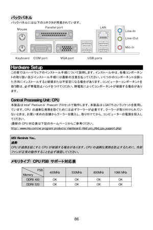 Page 92 
 
86 バックパネル 
バックパネルには以下のコネクタが用意されています。 
 Hardware Setup 
この章ではハードウェアのインストール手順について説明します。インストール中は、各種コンポーネン
トの取り扱い及びインストール手順には最新の注意を払ってください。いくつかのコンポーネントは誤っ
た方向にインストールすると破損または不安定になる場合があります。コンピューターコンポーネントを
扱う際は、必ず帯電防止ハンドをつけてください。静電気によってコンポーネントが破損する場合があり
ます。 
 Central Processing Unit: CPU 
本製品はIntel®
 Pentium 4/ Prescottプロセットで動作します。本製品はLGA775というソケットを使用し
ています。CPUの過剰な発熱を防ぐためには必ずクーラーが必要です。クーラーが取り付けられてい
ないときは、お買い求めの店舗からクーラーを購入し、取り付けてから、コンピューターの電源を投入し
てください。 
(最新のCPU対応表は下記のホームページからご参考ください。...