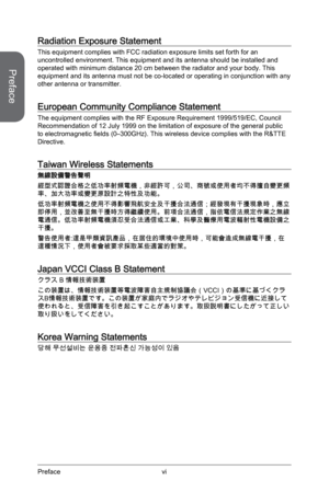 Page 6
viPreface
Preface

Radiation Exposure Statement
This equipment complies with FCC radiation exposure limits set forth for an uncontrolled environment. This equipment and its antenna should be installed and operated with minimum distance 20 cm between the radiator and your body. This equipment and its antenna must not be co-located or operating in conjunction with any other antenna or transmitter.
European Community Compliance Statement
The equipment complies with the RF Exposure Requirement 1999/519/EC,...