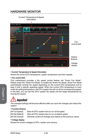 Page 88
Chapter 3
3-30BIOS SetupPBBIOS Setup
HARDWARE MONITOR
Current Temperature & Speedinformation
Fancontrol field
Voltagedisplay
Setting Buttons
Current Temperature & Speed information
Shows the current CPU temperature, system temperature and fans' speeds.
Fan control field
This  motherboard  provides  a  fan  speed  control  feature  call  “Smart  Fan  Mode”. Please check the “Smart Fan Mode” to enable the Smart Fan Mode. Smart Fan Mode automatically  controls  fan  speed  depending  on  the  current...