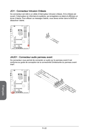 Page 114
Français
Fr-22

JCI1 : Connecteur Intrusion Châssis 
Ce connecteur est relié à un câble d’interrupteur intrusion châssis. Si le châssis est ouvert, l’interrupteur en informera le système, qui enregistera ce statut et affichera un écran d’alerte. Pour effacer ce message d’alerte, vous devez entrer dans le BIOS et désactiver l’alerte.
2.CINTRU
1.Ground
JAUD1 : Connecteur audio panneau avant
Ce connecteur vous permet de connecter un audio sur le panneau avant.Il est conforme au guide de conception de la...