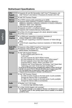 Page 14
English
En-2

Motherboard Specifications
CPU SupportSupports 4th and 5th Generation Intel® Core™ Processors, and Intel® Pentium® and Celeron® Processors for Socket LGA1150■
ChipsetIntel® Z97 Express Chipset■
Memory Support4x DDR3 memory slots supporting up to 32GBSupports DDR3 3200(OC)/ 3100(OC)/ 3000(OC)/ 2800(OC)/ 2666(OC)/ 2600(OC)/ 2400(OC)/ 2200(OC)/ 2133(OC)/ 2000(OC)/ 1866(OC)/ 1600/ 1333/ 1066 MHzDual channel memory architectureSupports non-ECC, un-buffered memorySupports Intel® Extreme Memory...