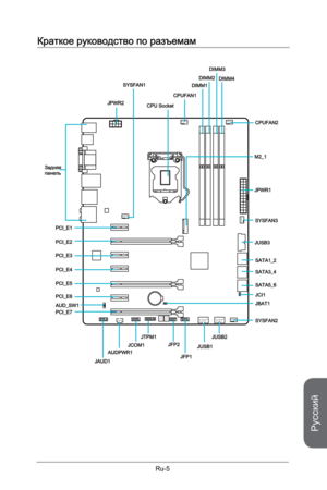 Page 137
Русский
Ru-5

Краткое руководство по разъемам
CPUFAN1
PCI_E1
PCI_E2
PCI_E3
PCI_E4
PCI_E5
PCI_E6
PCI_E7
JPWR1
JUSB3
SATA1_2
SATA3_4
SATA5_6
JPWR2CPU Socket
Задняя панель
M2_1
JTPM1
SYSFAN1DIMM1DIMM2
DIMM3
DIMM4
CPUFAN2
SYSFAN3
JCI1
JBAT1
JFP1
JFP2JUSB1
JUSB2
SYSFAN2
JAUD1
JCOM1AUDPWR1
AUD_SW1 