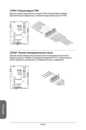 Page 156
Русский
Ru-24

JTPM1: Разъем модуля ТРМ 
Данный разъем подключается к модулю ТРМ (Trusted Platform Module). Дополнительные сведения см. в описании модуля безопасности ТРМ.
1 0 . N o P in
1 4 . G r o u n d
8 . 5 V Po w e r
1 2 . G r o u n d
6 . S e r i a l
 I RQ
4 . 3 . 3 V
 Po w e r2 . 3 V S t a n d b y
 po w e r
1 . L PC Cl o ck
3 . L PC R e s et
5 . L PC ad d r e ss & d a t a pi n 0
7 . L PC ad d r e ss & d a t a pi n 1
9 . L PC ad d r e ss & d a t a pi n 2
11. L P C ad d r e ss & d a t a pi n 3
1 3 ....