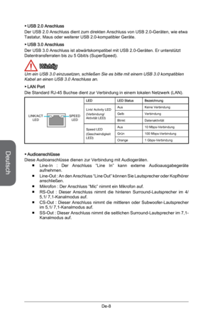 Page 60
Deutsch
De-8

USB 2.0 Anschluss
Der USB 2.0 Anschluss dient zum direkten Anschluss von USB 2.0-Geräten, wie etwa Tastatur, Maus oder weiterer USB 2.0-kompatibler Geräte.
USB 3.0 Anschluss
Der USB 3.0 Anschluss ist abwärtskompatibel mit USB 2.0-Geräten. Er unterstützt  Datentransferraten bis zu 5 Gbit/s (SuperSpeed).
 Wichtig
Um ein USB 3.0 einzusetzen, schließen Sie es bitte mit einem USB 3.0 kompatiblen Kabel an einen USB 3.0 Anschluss an.
LAN Port
Die Standard RJ-45 Buchse dient zur Verbindung in...